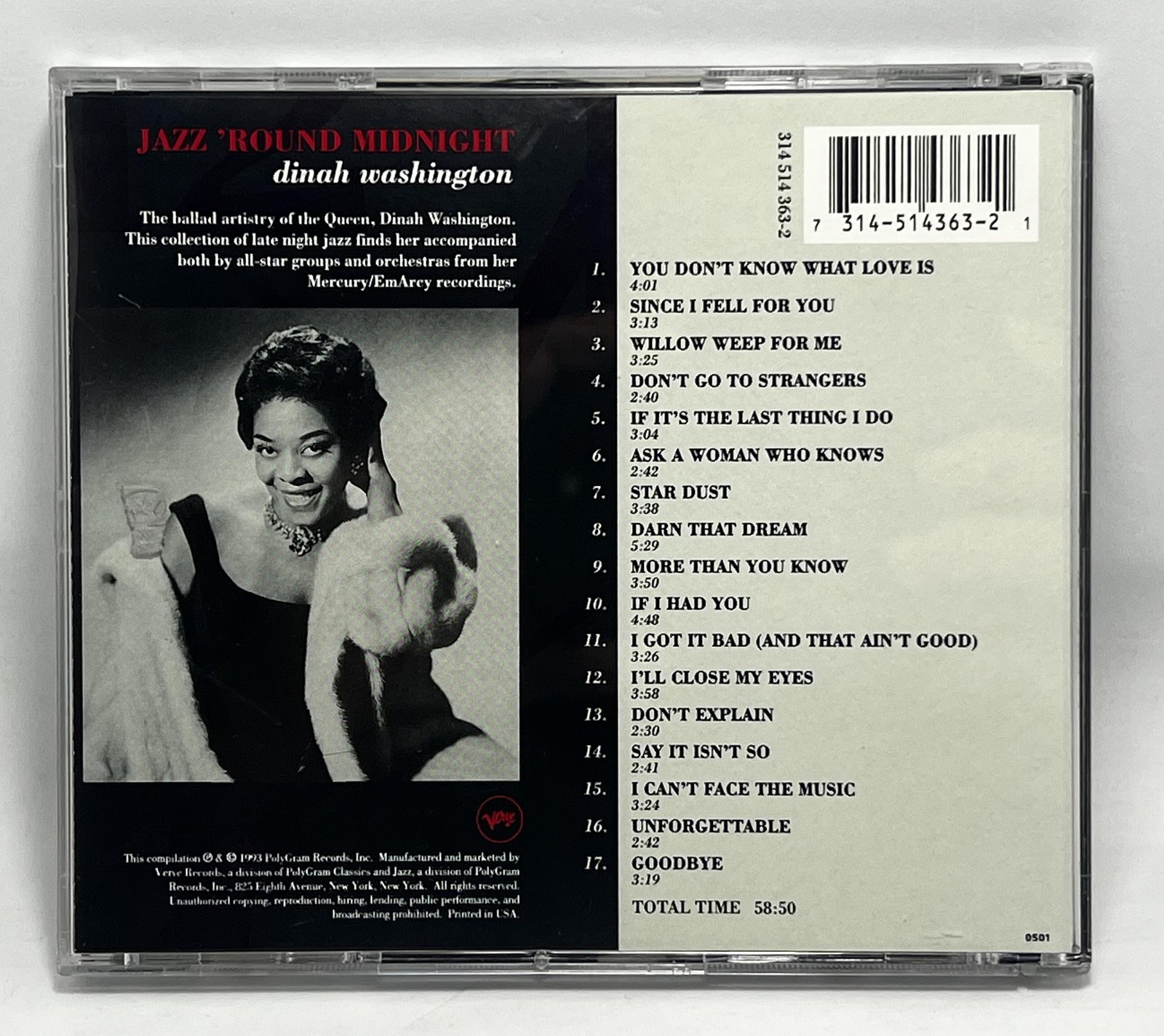 Vintage Dinah Washington CD Jazz ‘Round Midnight Vocal Jazz Album Verve 1993